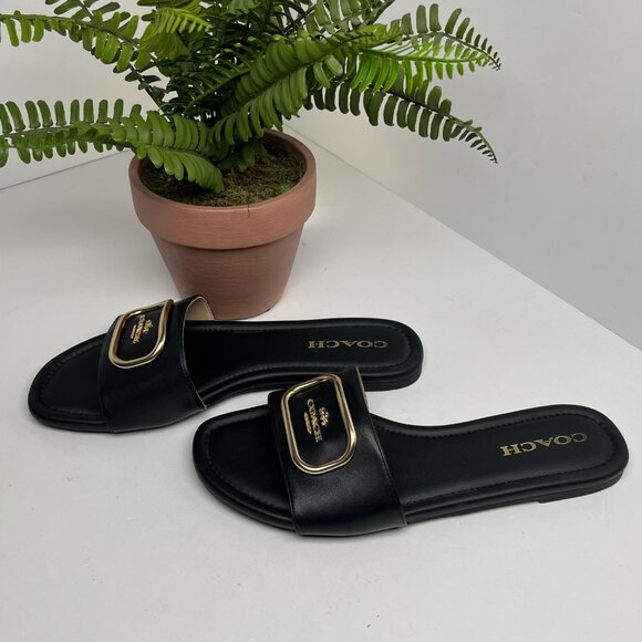 Coach Evy Black Leather Slide Sandals Gold Logo Plaque Women’s 9B Slip with Box - Picture 5 of 13